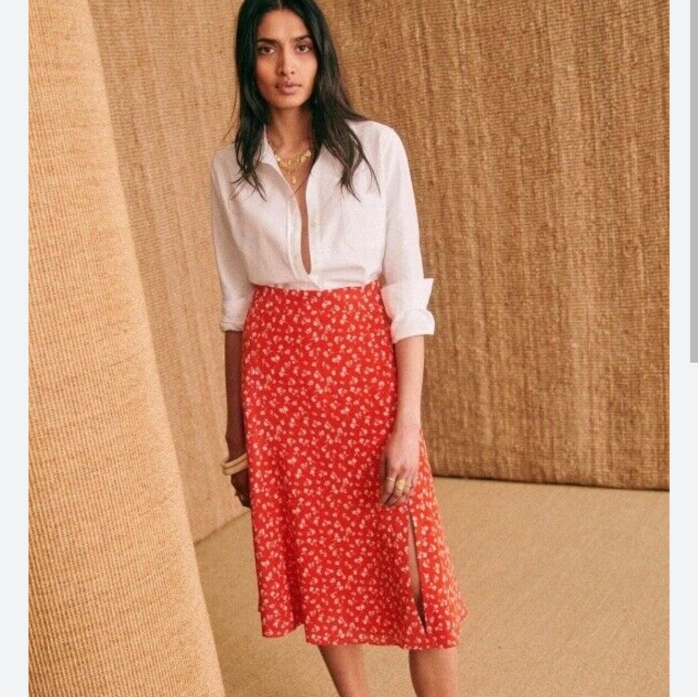 Sezane 100% Floral Silk Midi Skirt